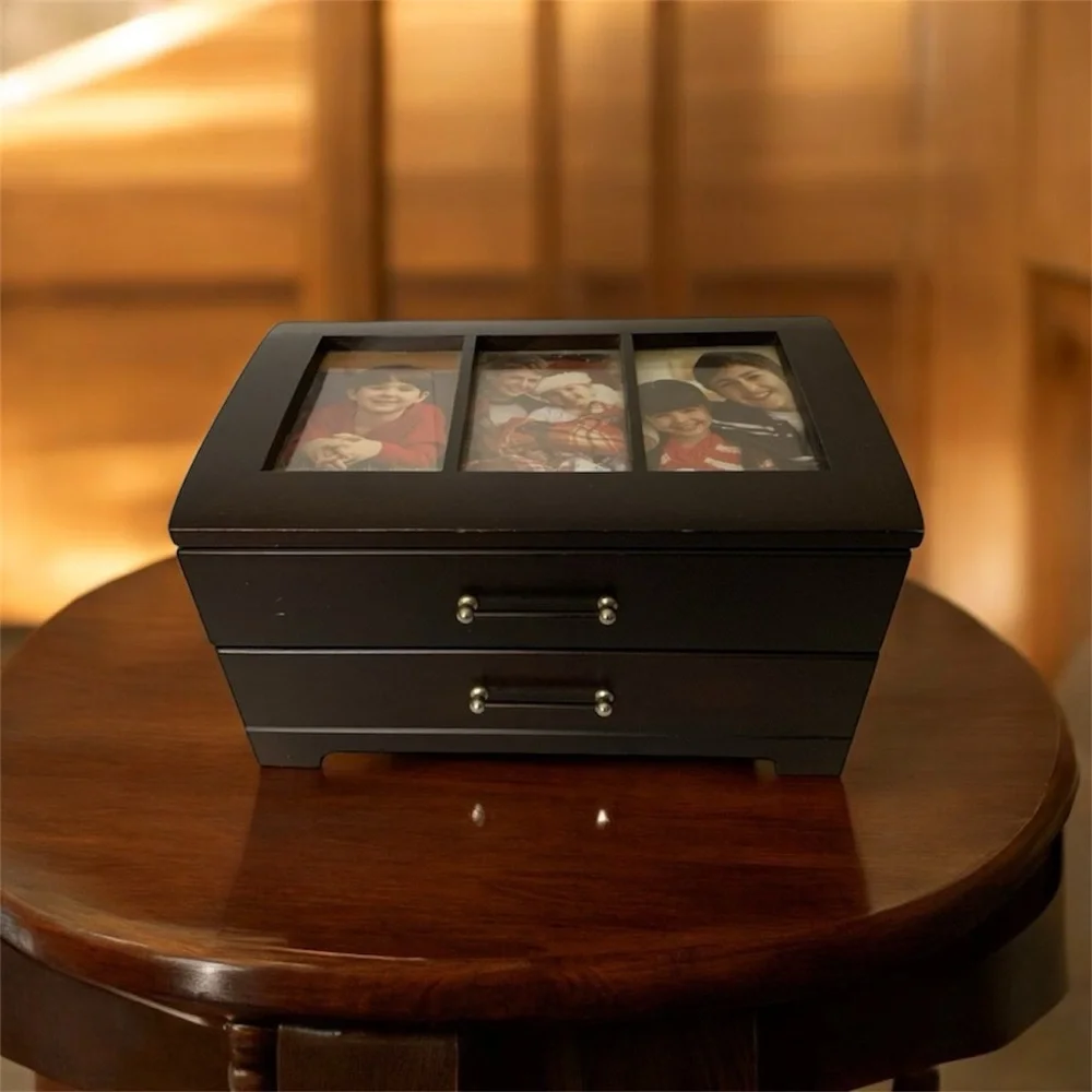 Vintage Dark Wood Jewelry Box 2-Drawer Glass Lid Trinket Organizer Picture Frame